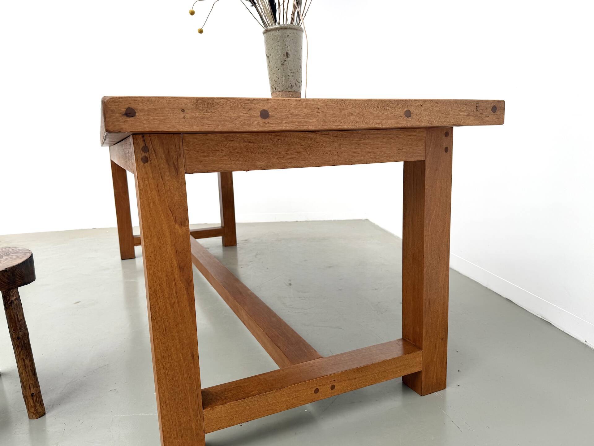 Large modernist farmhouse table in solid beech, thick dowelled top.