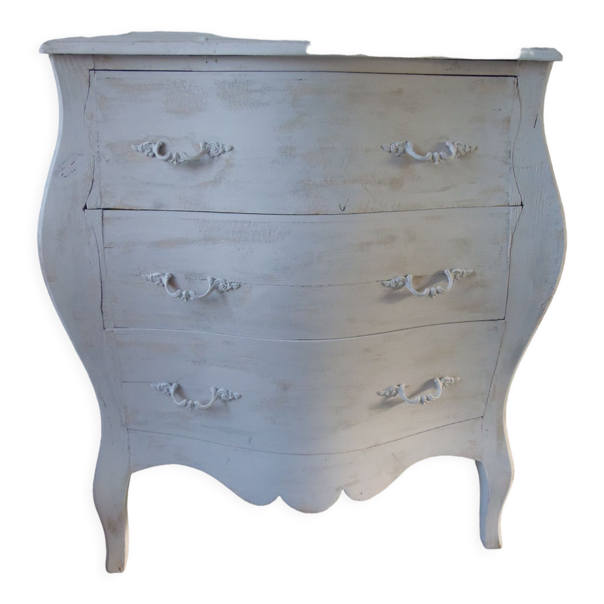 Curved patinated chest of drawers pearl grey waxed finish