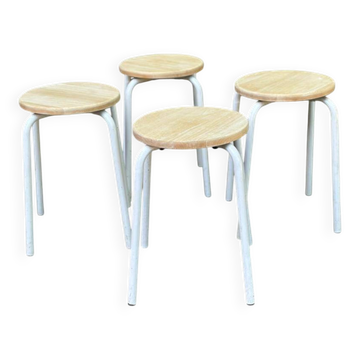 4 tabourets en bois massif rénové et acier blanc