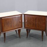 Pair of mid-century Italian walnut nightstands with glass top, 1950s