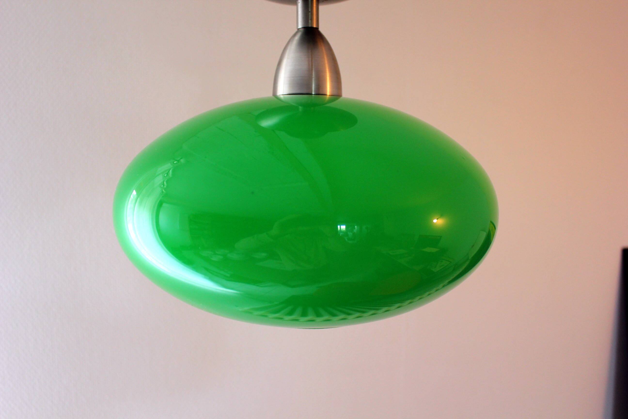 Pendant light space age green vintage metal and glass
