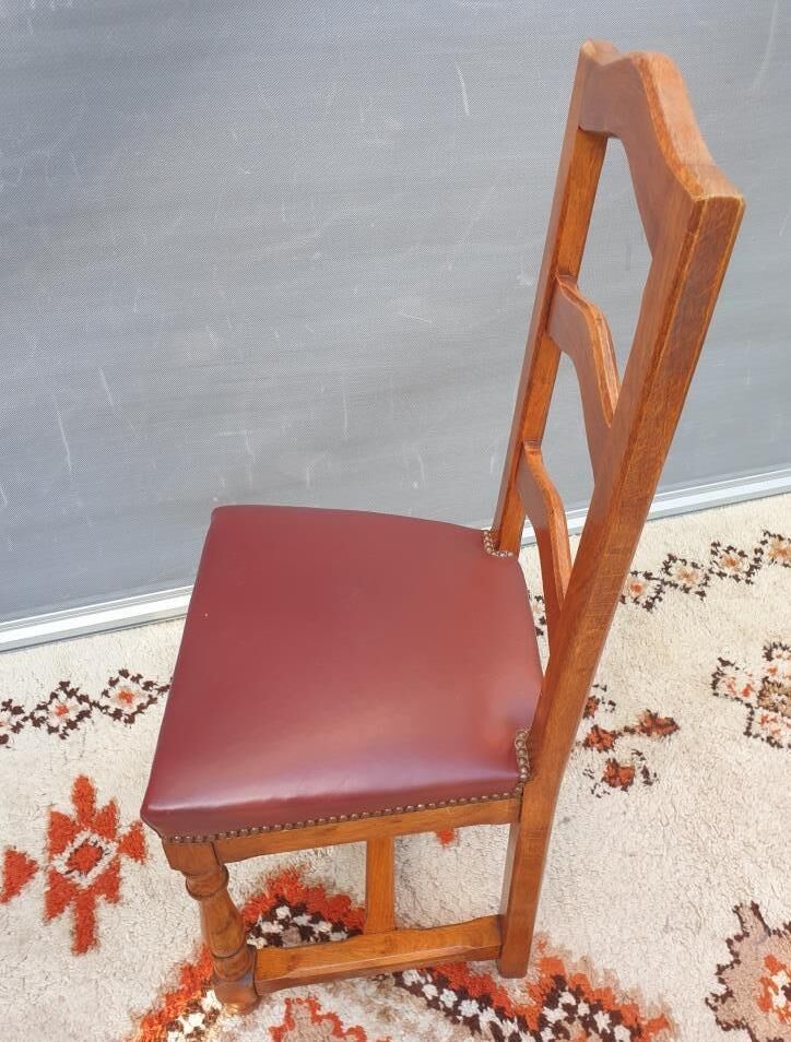 Set 6 chairs style Louis XIII VINTAGE 1980 Oak and Burgundy red leather
