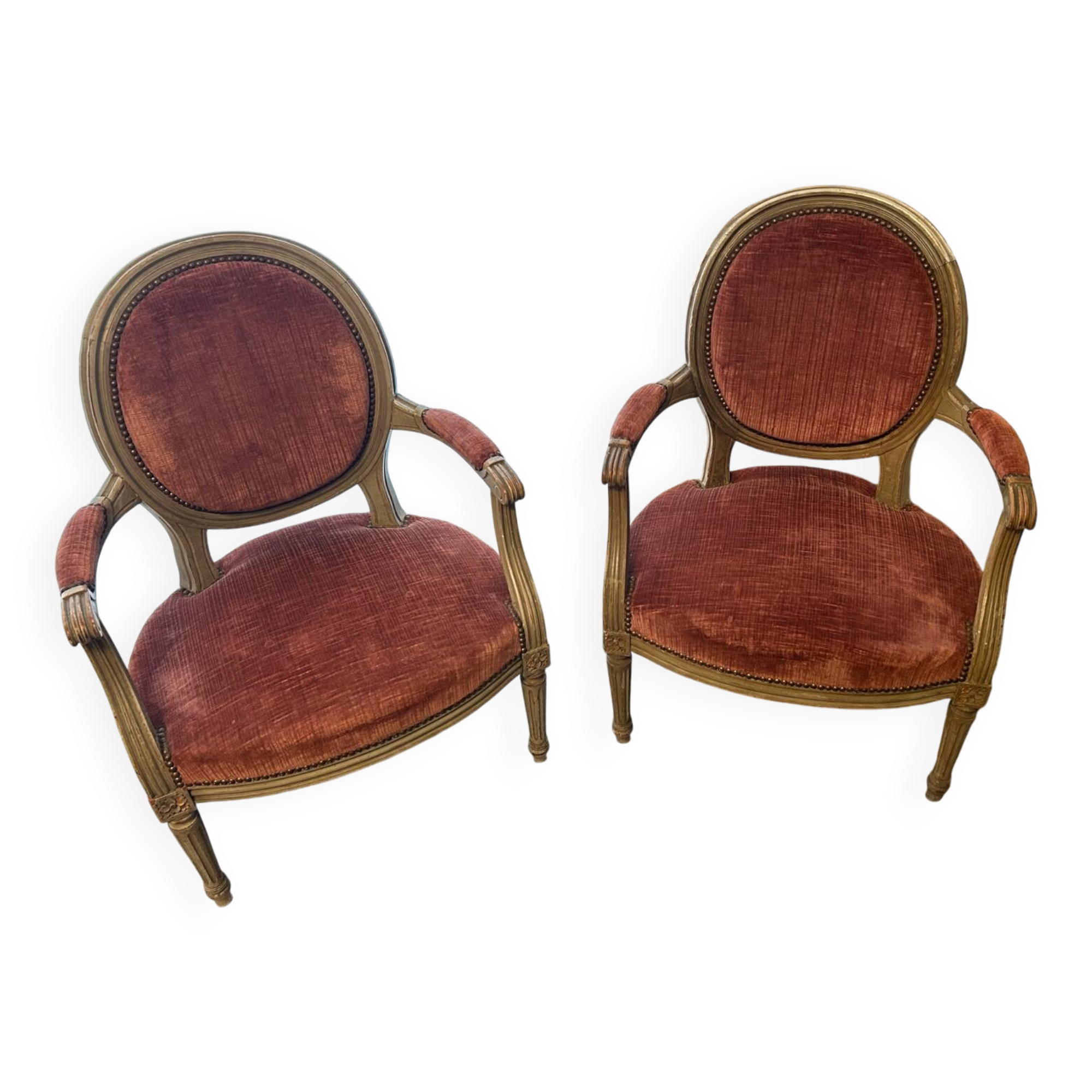 2 Louis XV style armchairs in wood and old pink velvet