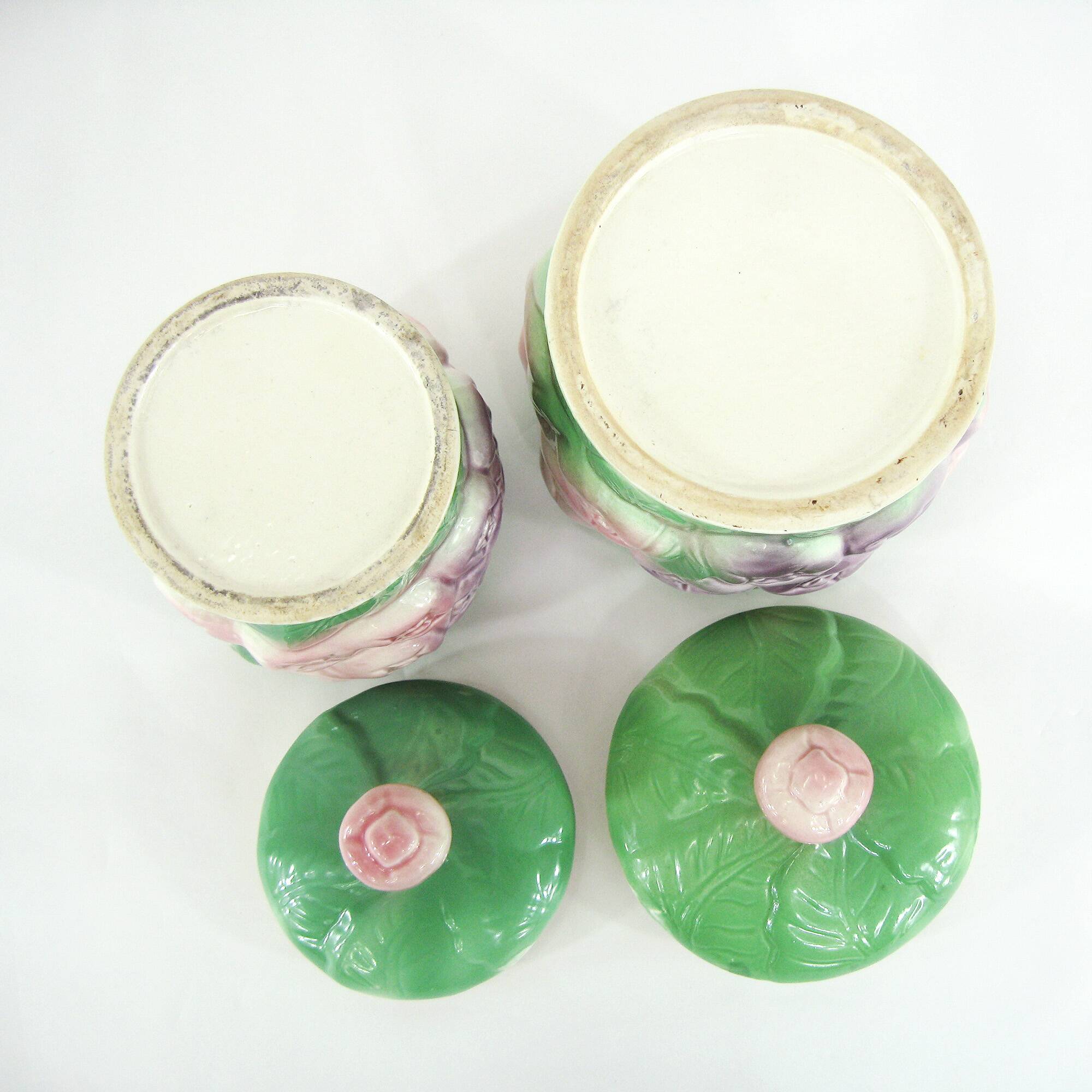 2 ceramic slip pots - pastel floral decor - vintage 80s