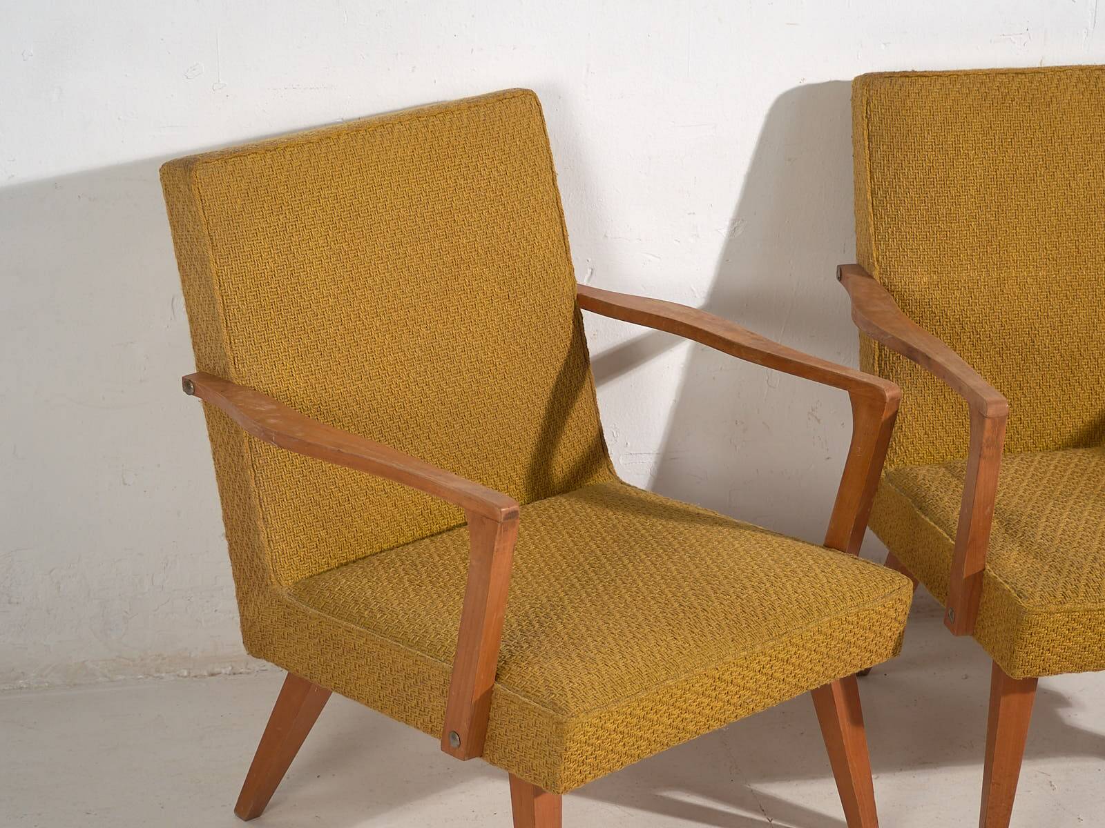 2 armchairs in wood and ochre fabric, 1950