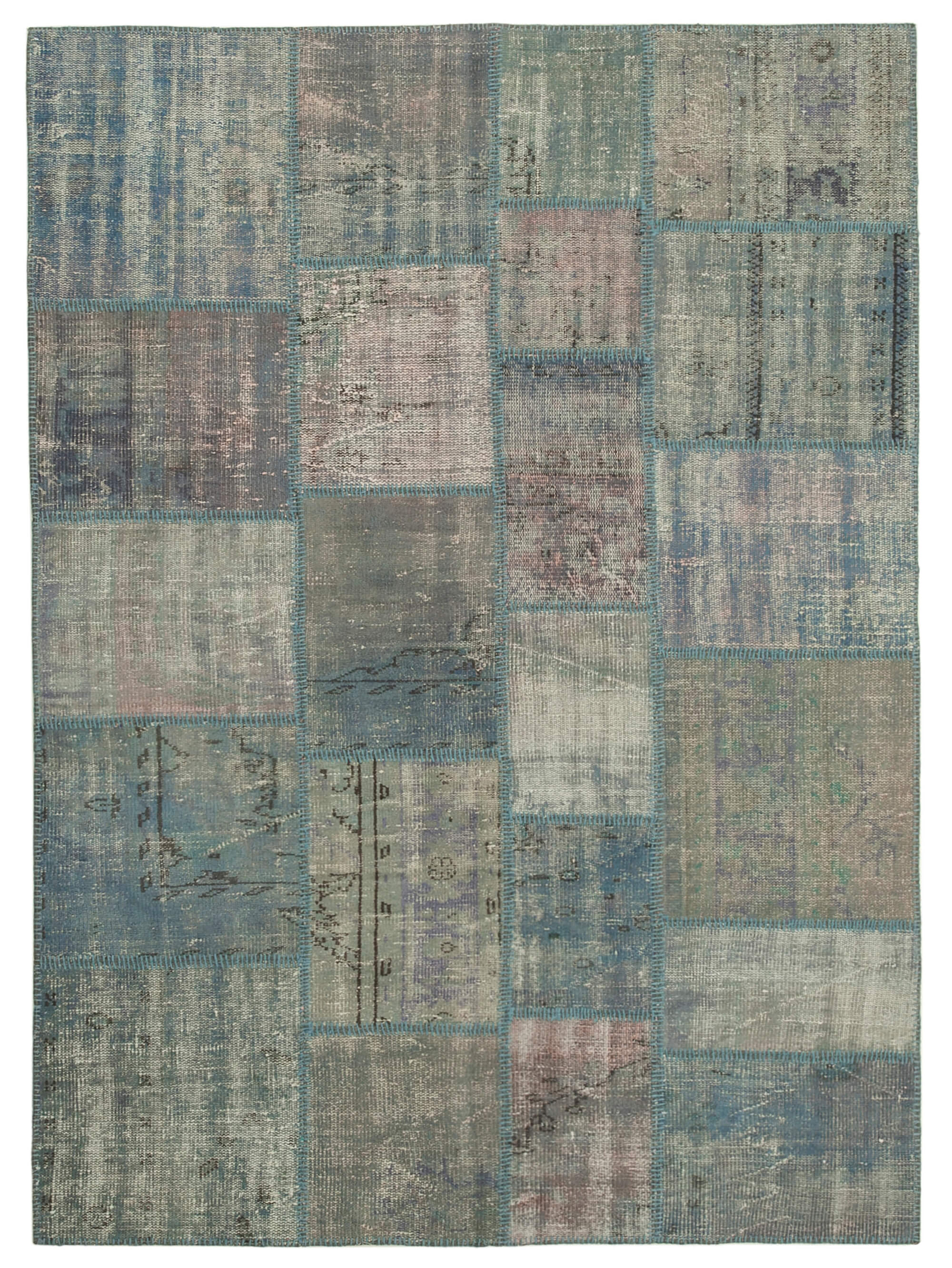 Handwoven turkish contemporary 175 cm x 242 cm blue patchwork carpet