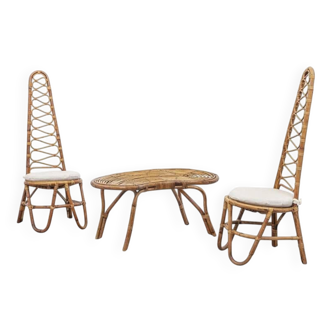 High-back bamboo chairs and table, France 1960s