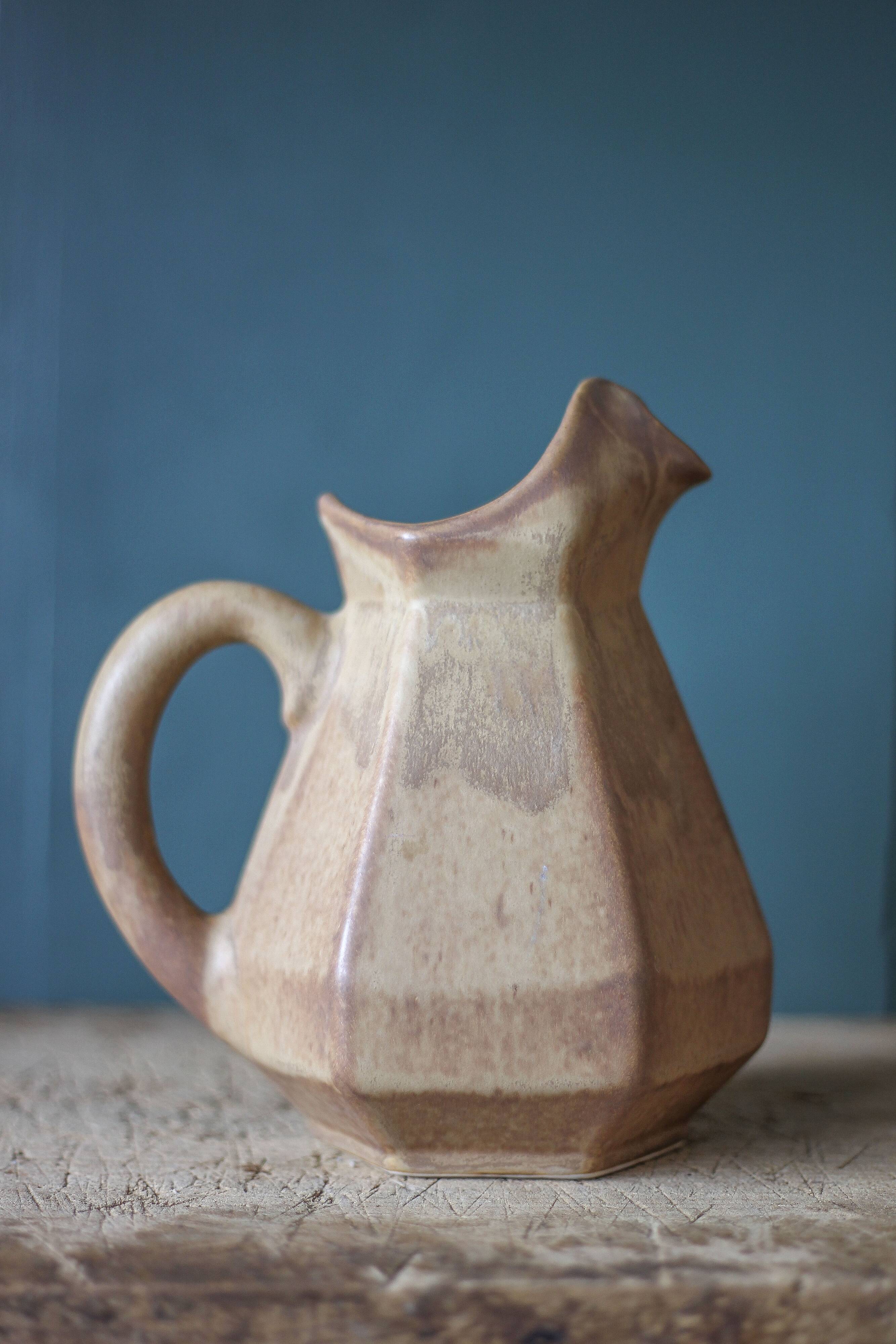 Vintage flamed stoneware pitcher, stoneware carafe, Denbac style pitcher