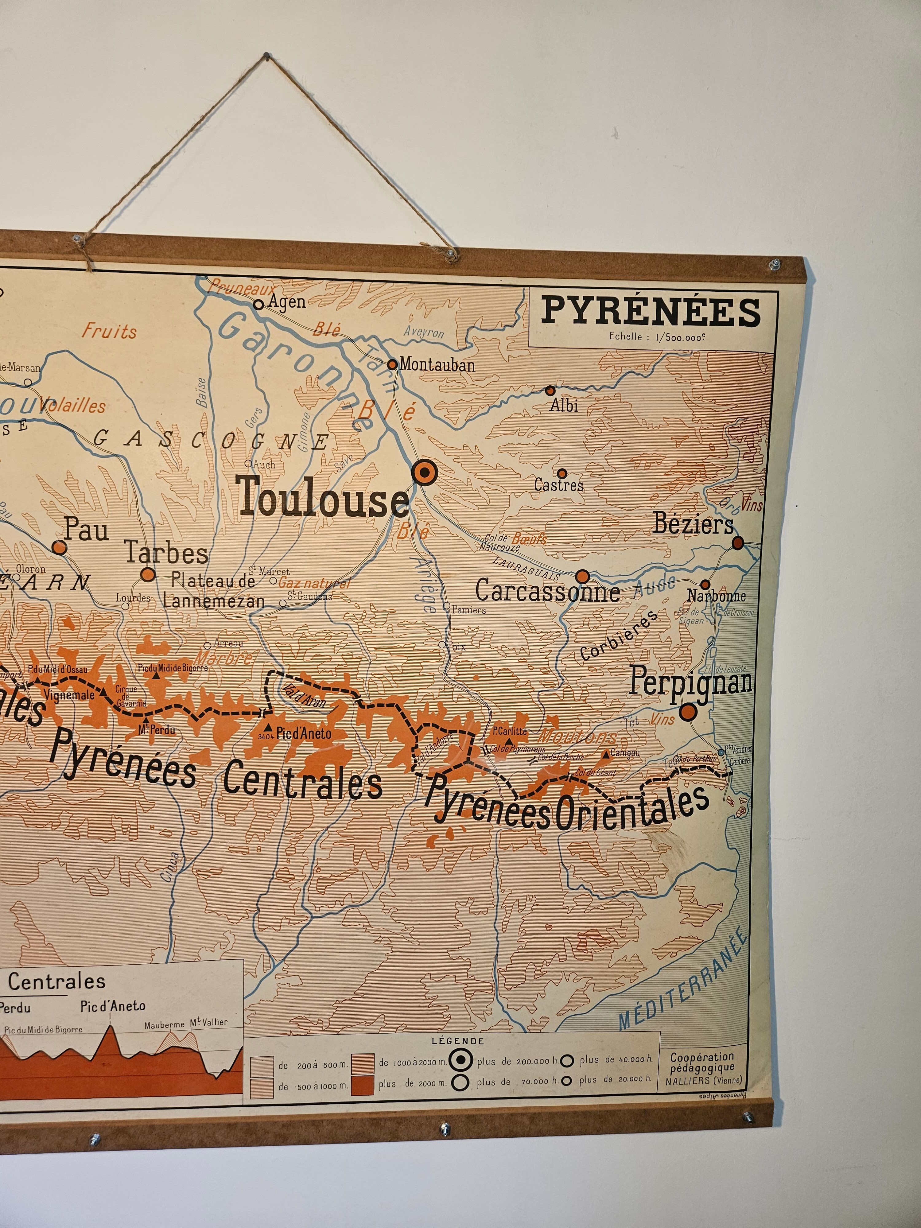 Old school map of geography 1960 Pyrenees and the Alps