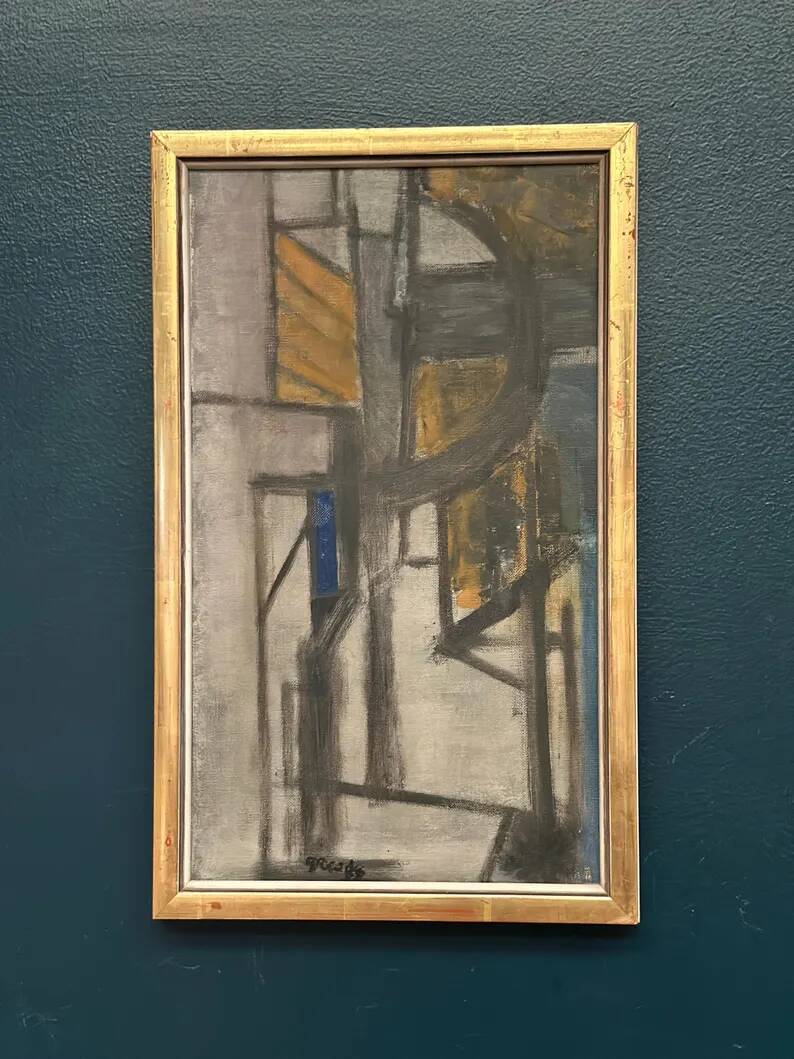 Original Danish Oil on Canvas – “Gul Figurkomposition” by P. Primdahl – Signed – Dated 1958 – Vintage & Framed – 43 × 27 cm (16.9" × 10.6")