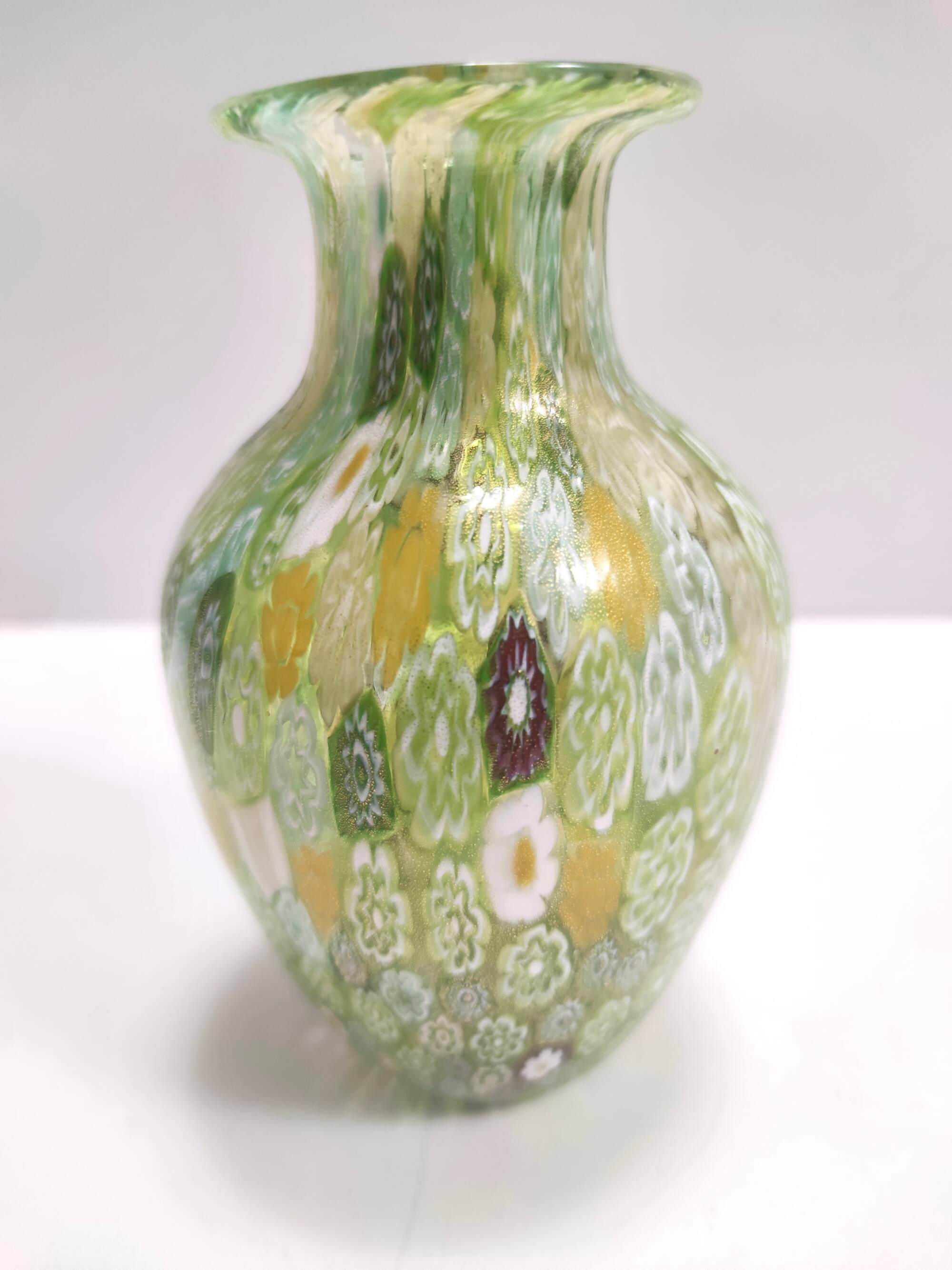 Millefiori Green Murano Glass Vase with Murrines and Gold Leaf, Italy