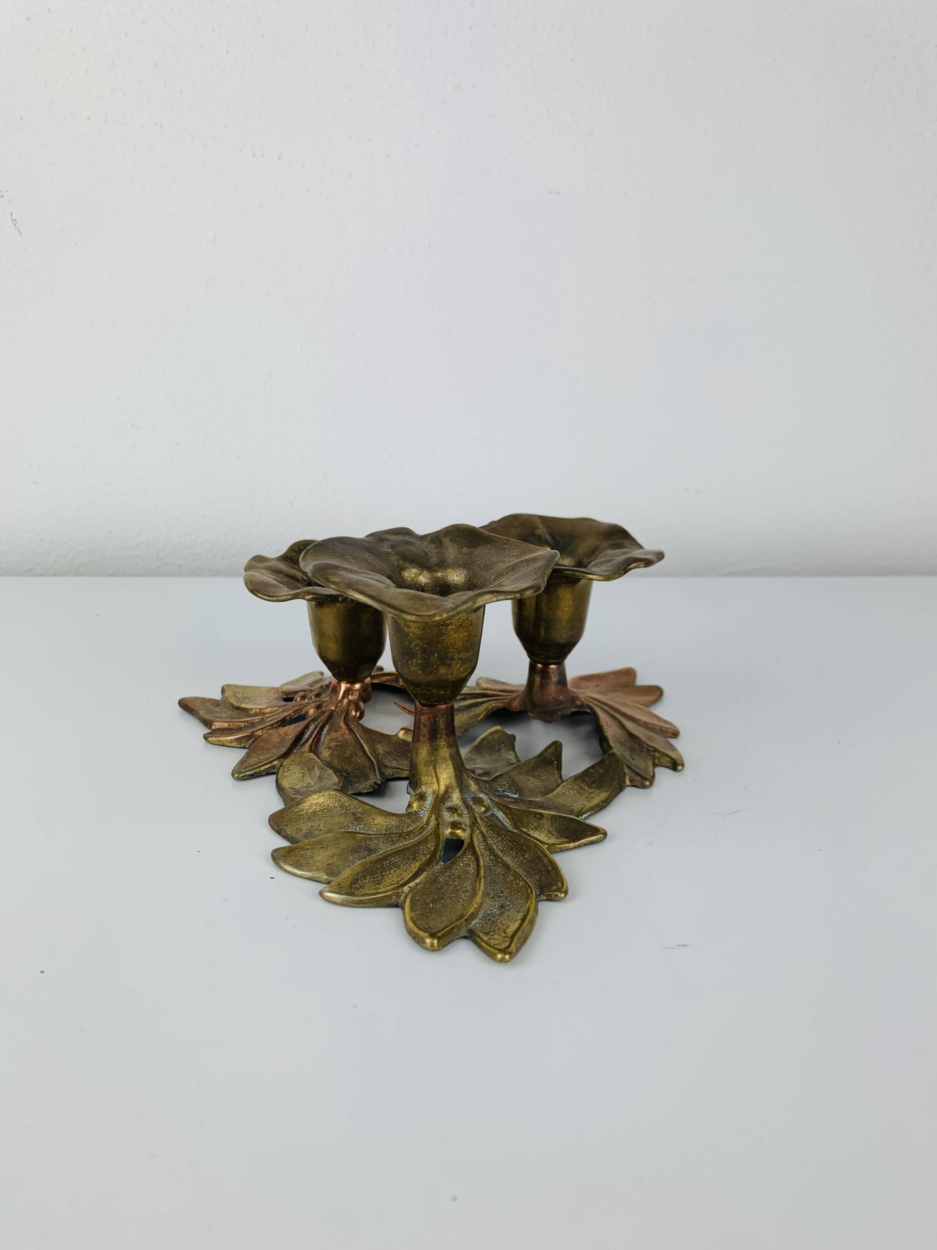 Bougeoir laiton trio de fleurs, vintage
