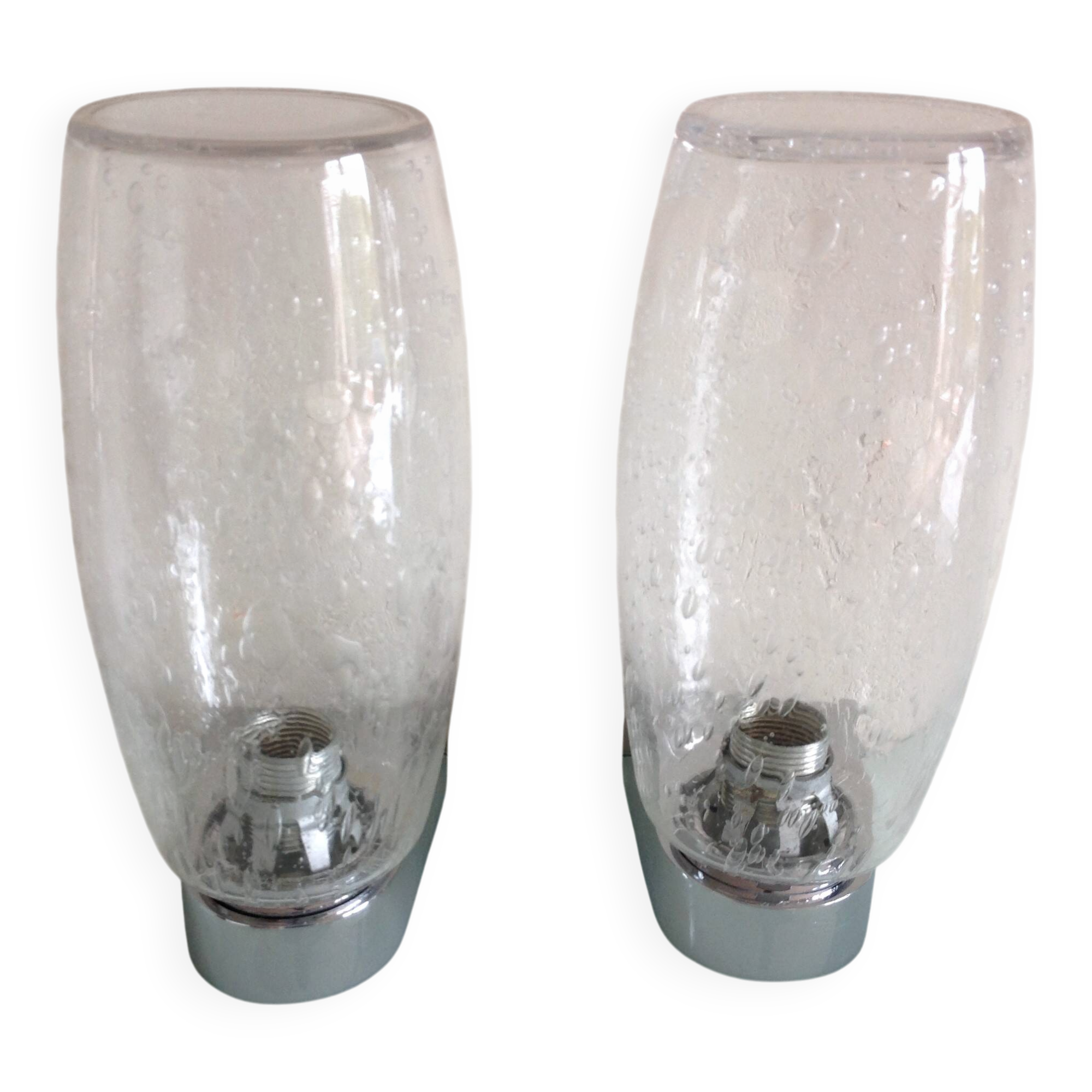 Pair of vintage 1970s-80s glass and chrome wall lights with teardrop shapes