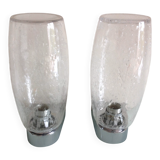 Pair of vintage 1970s-80s glass and chrome wall lights with teardrop shapes