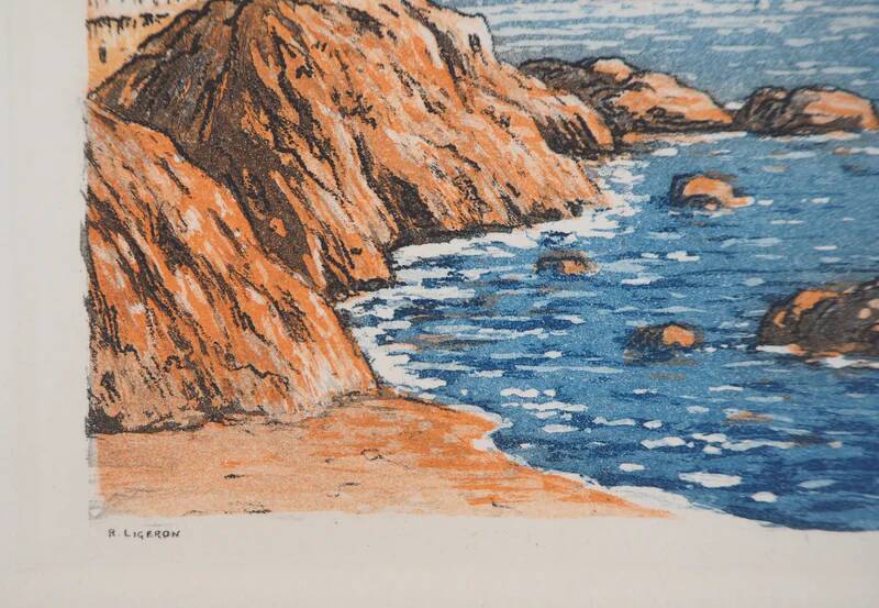 René Ligeron: Mediterranean, seaside house, signed original engraving.