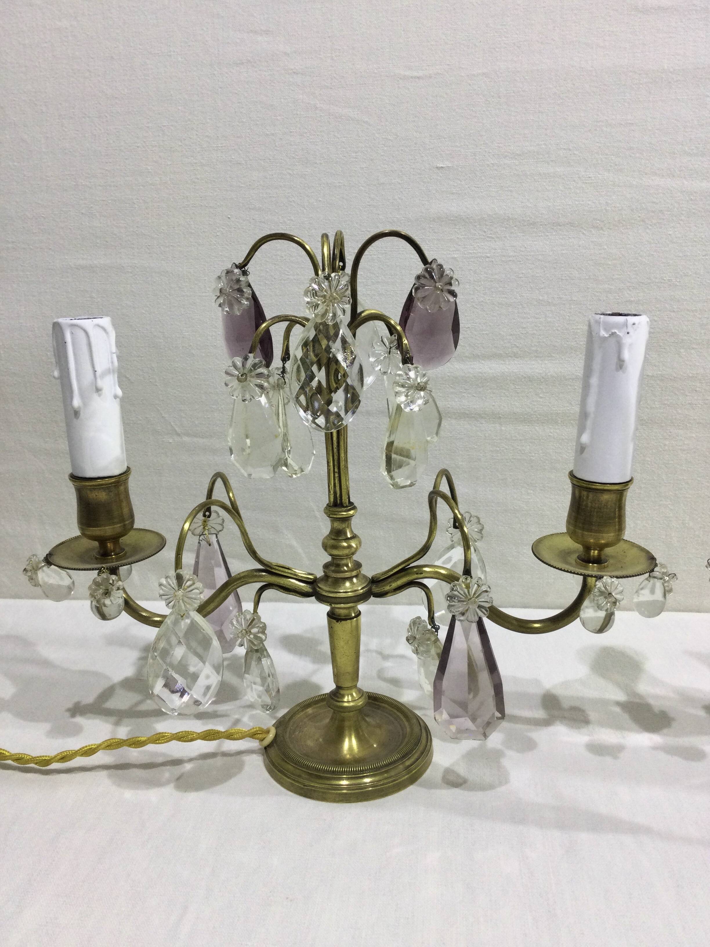 Pair of girandole lamps in bronze and crystal