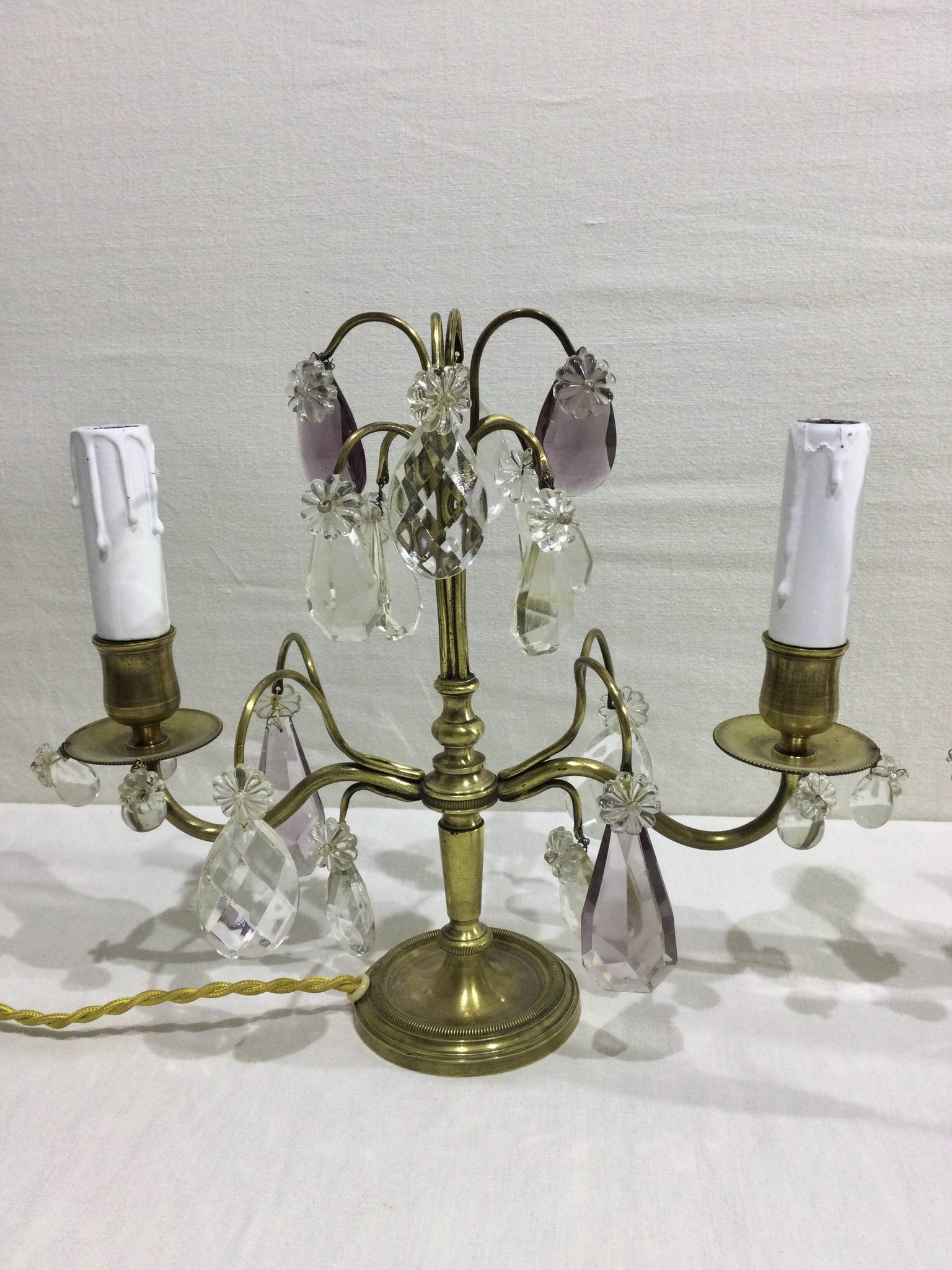 Pair of girandole lamps in bronze and crystal