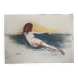 Tableau signé sanguine pastel portait féminin « le divan bleu »