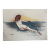 Signed sanguine pastel portrait "the blue sofa"