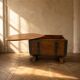 Oak barrel-shaped storage chest with black metal straps, 1930s-1940s.