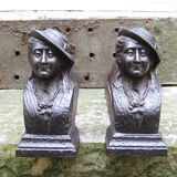 Old cast iron chenets lady with a hat