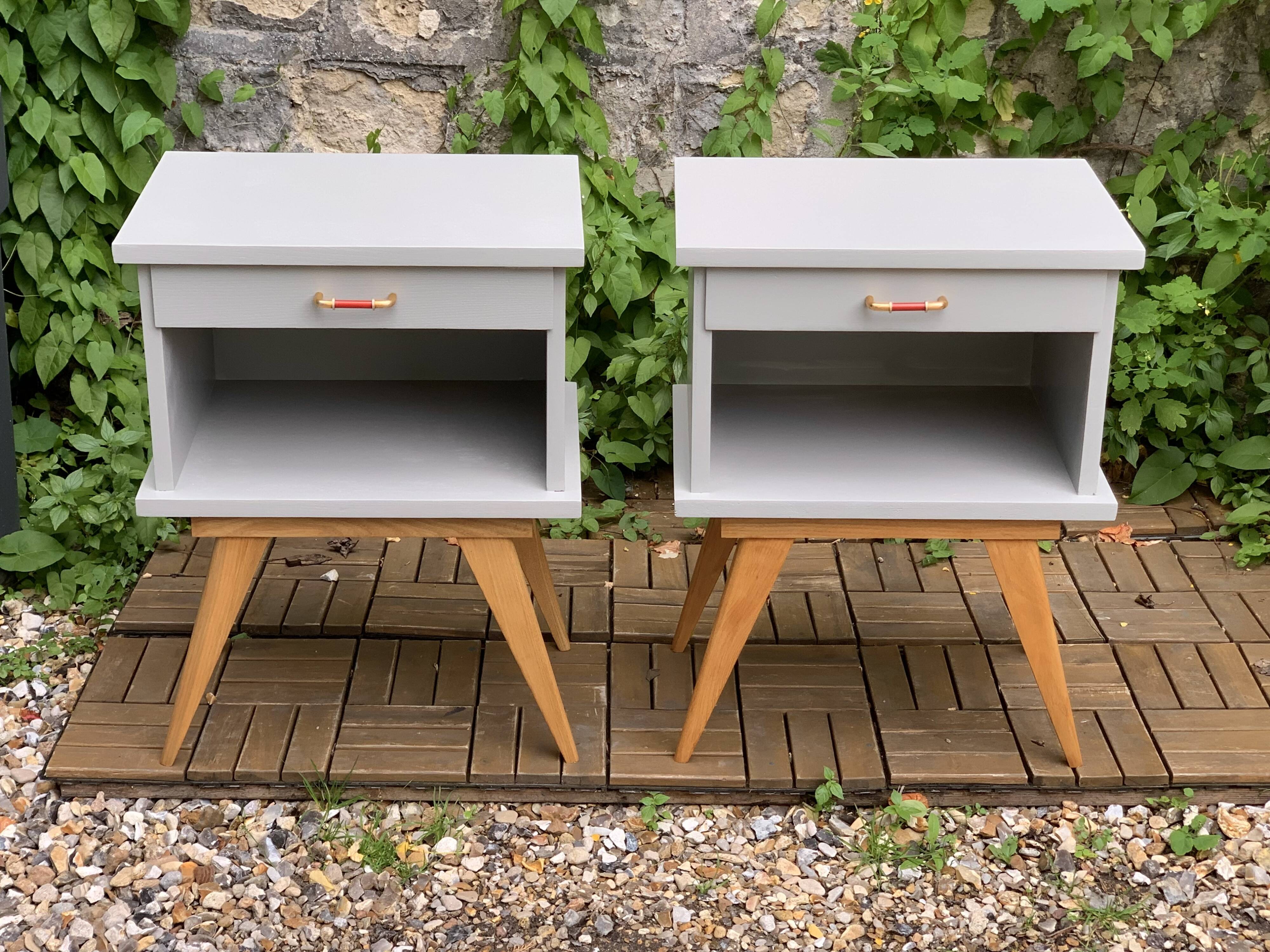 Pair of vintage 1950s compass foot bedside tables