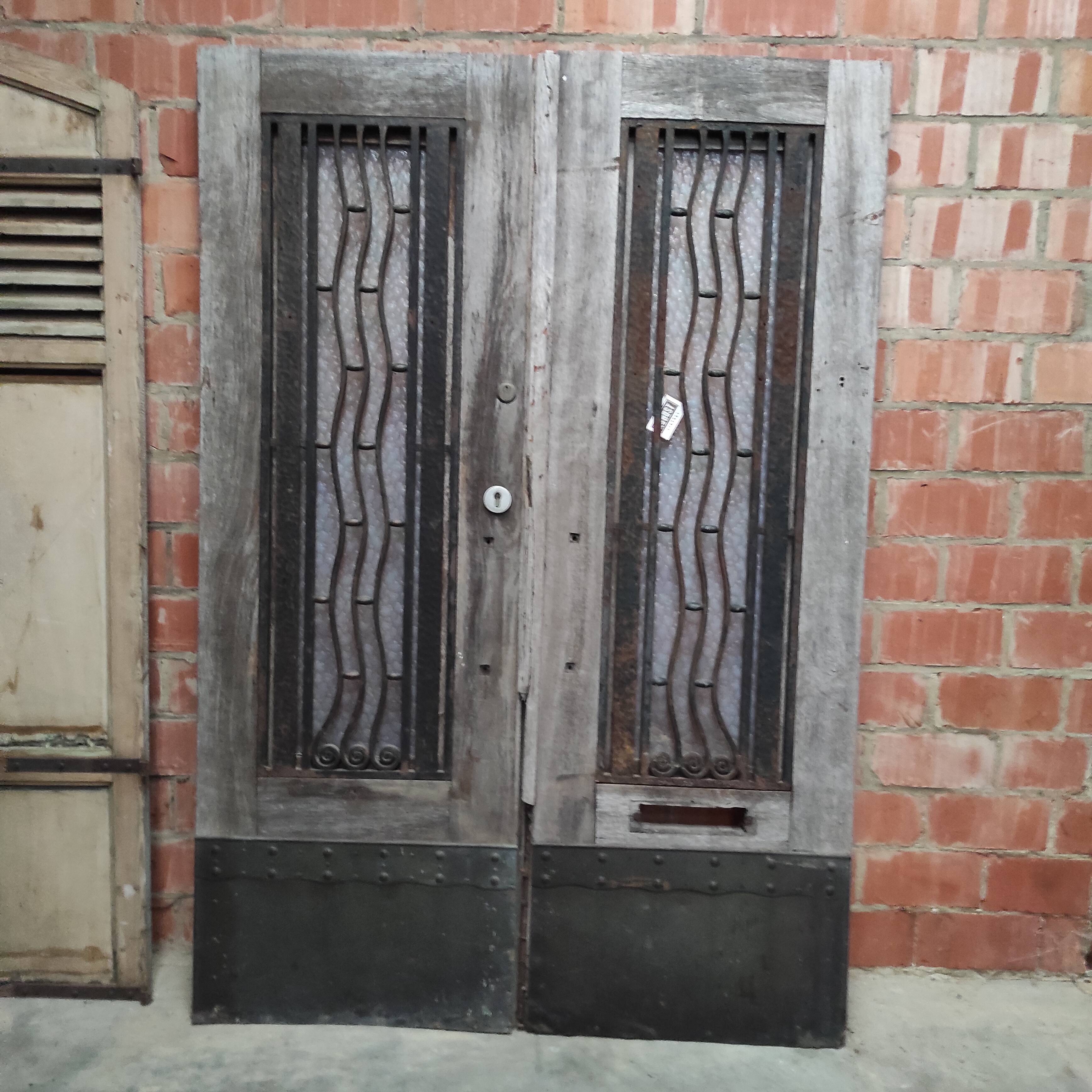 Antique Double Wooden Doors | Wrought Iron & Bubble Glass Entry Doors