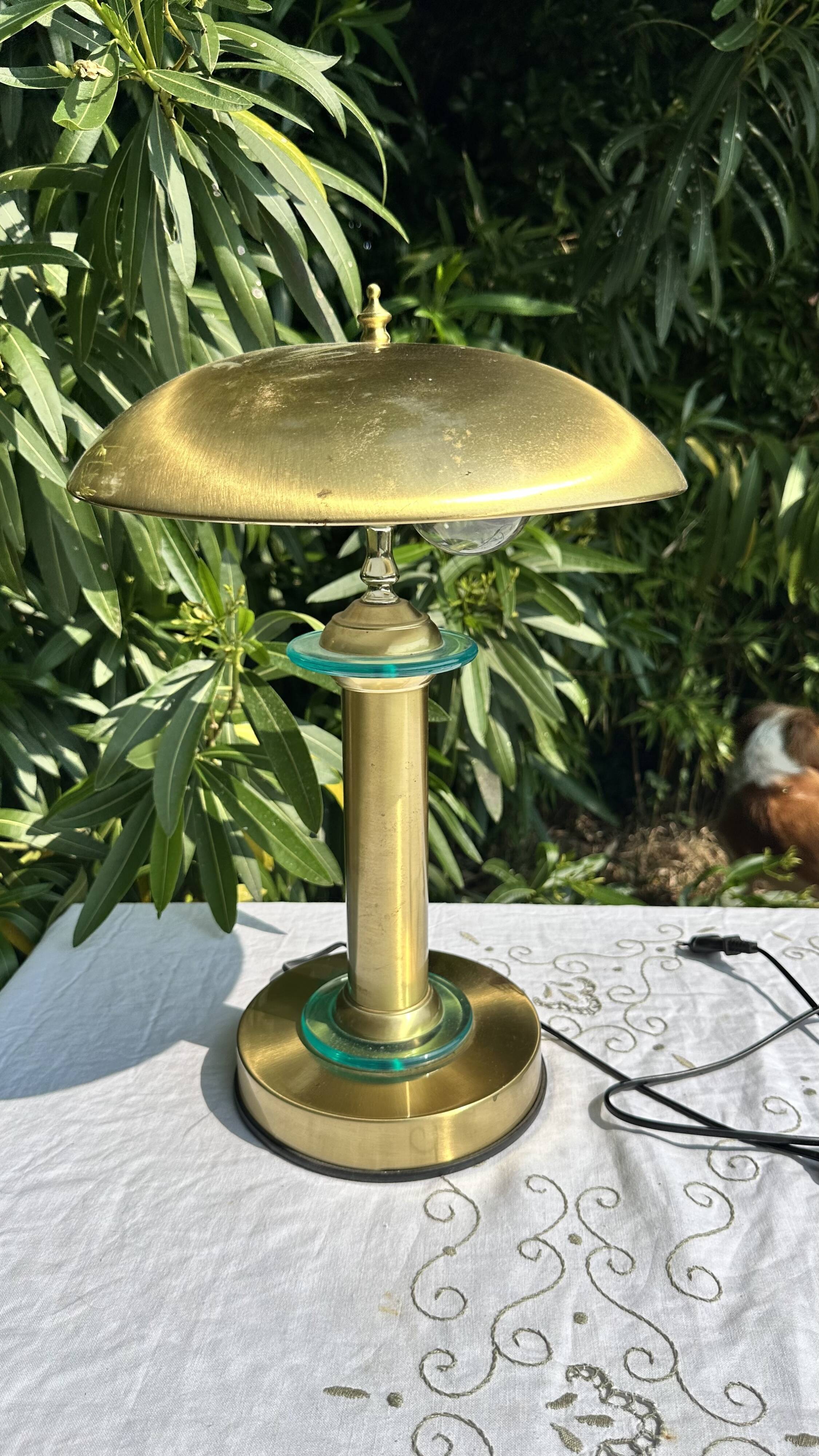 70s Large Vintage Mushroom Lamp - Glass & Gold Metal