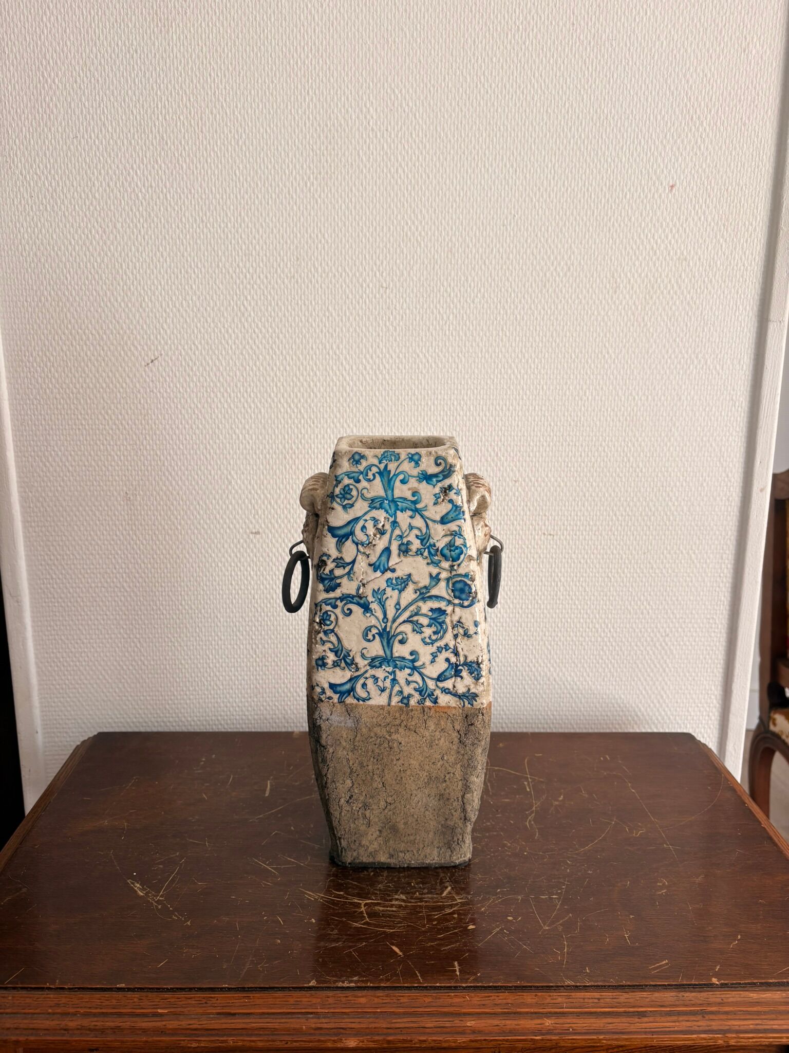 Terracotta Vase with Stanniferous Glaze, Large Fire Decoration, Lion Handle, Late 19th Century