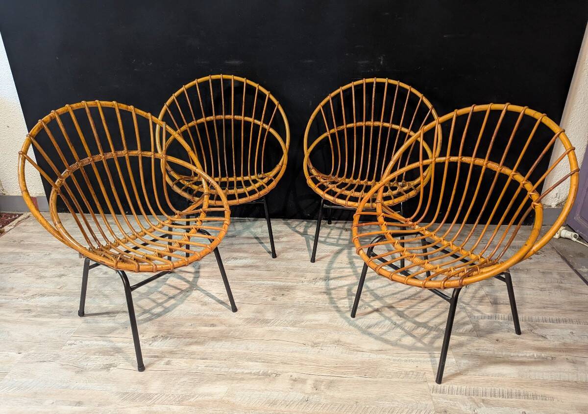 Set of four rattan armchairs, 1950s-1960s design