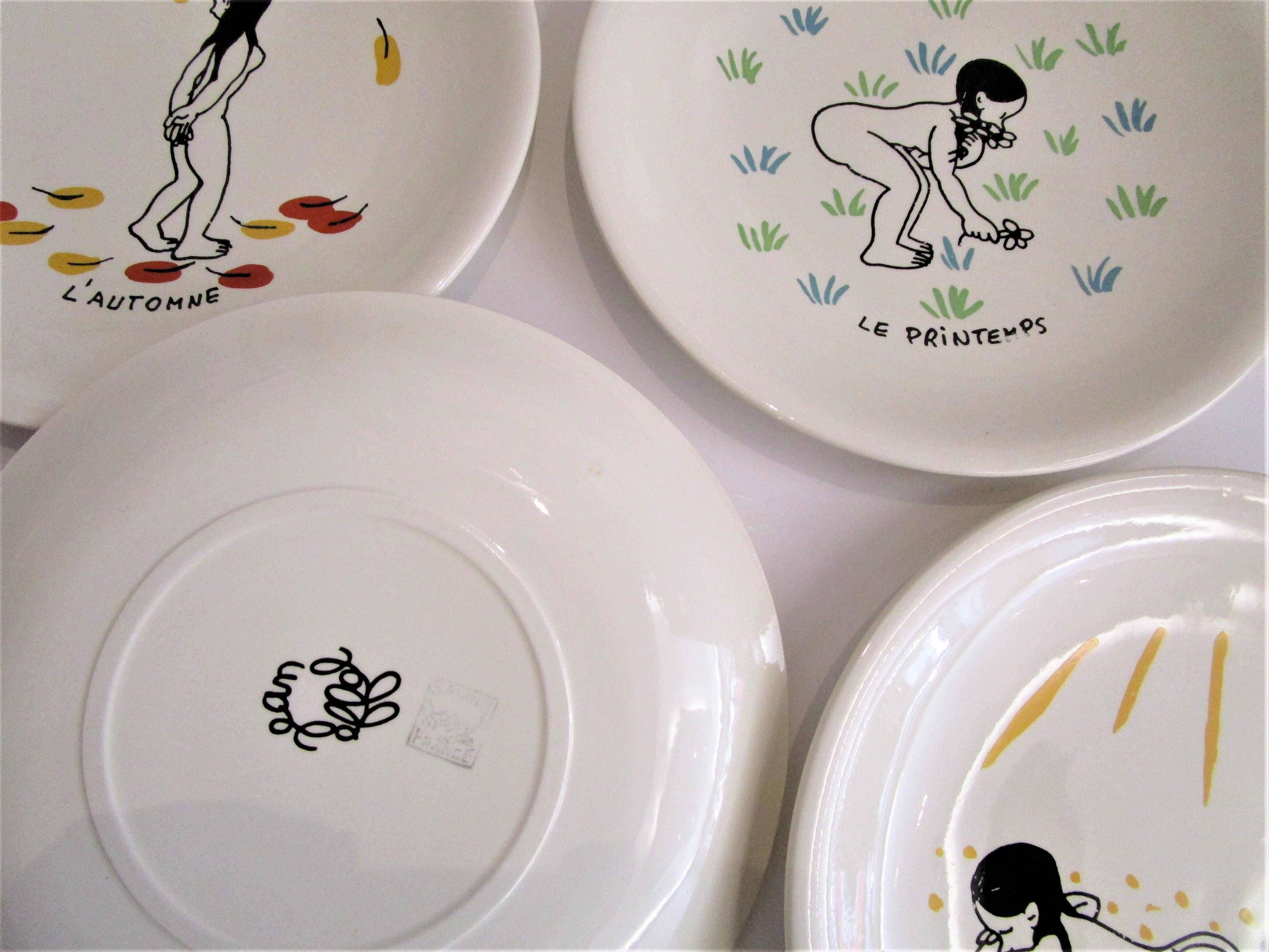 Four plates The 4 seasons by Jean Effel earthenware Salins 60s