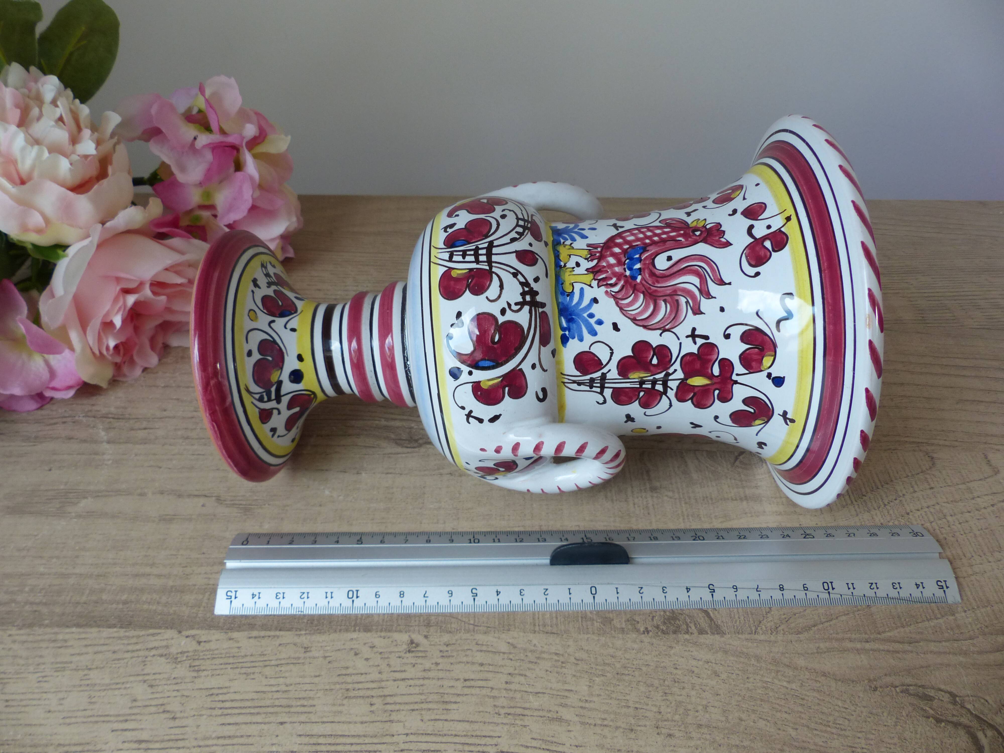 Colorful Ceramic Vase from Italy Deruta l'Antica: Amphora Flowers and Rooster