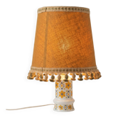 Lampe à poser vintage 1970 – Pied opaline imprimé floral & abat-jour f