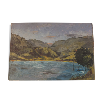 Oil on cardboard painting - Paysage de Montagne et Lac Duingt 1937