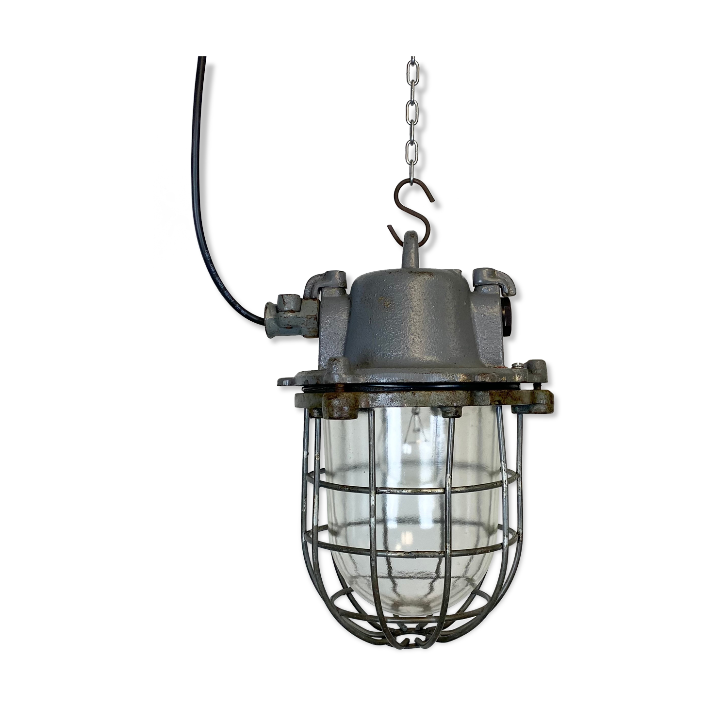 Grey Industrial Cast Iron Cage Pendant Light, 1960s