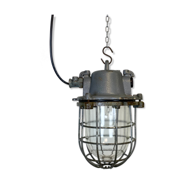 Grey Industrial Cast Iron Cage Pendant Light, 1960s
