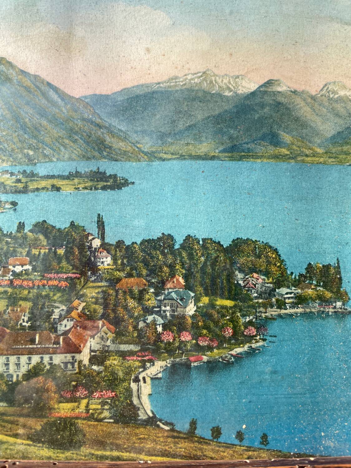 Vintage photographic print / Lake Annecy Alps / wooden frame