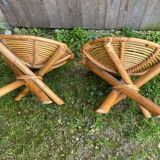 Pair of Spiral Stools in Wicker Rattan Made in France Vintage #B796