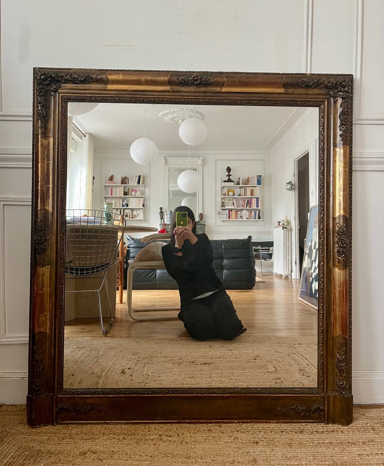 Large antique gilded wood mirror, 108cm x 118cm