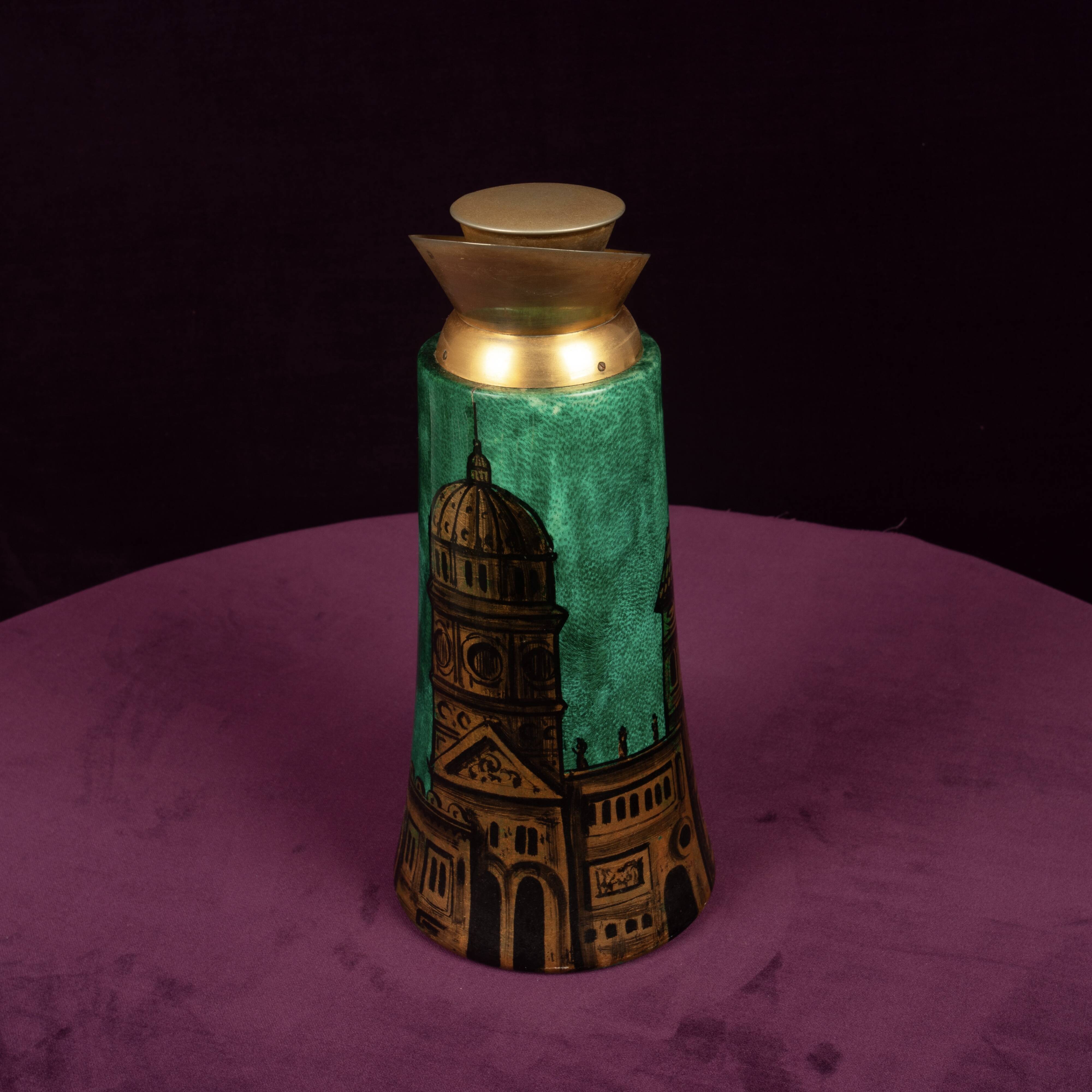 Aldo Tura Mod. 968D Hand-Decorated Green Goatskin Parchment Thermos Italy 1960