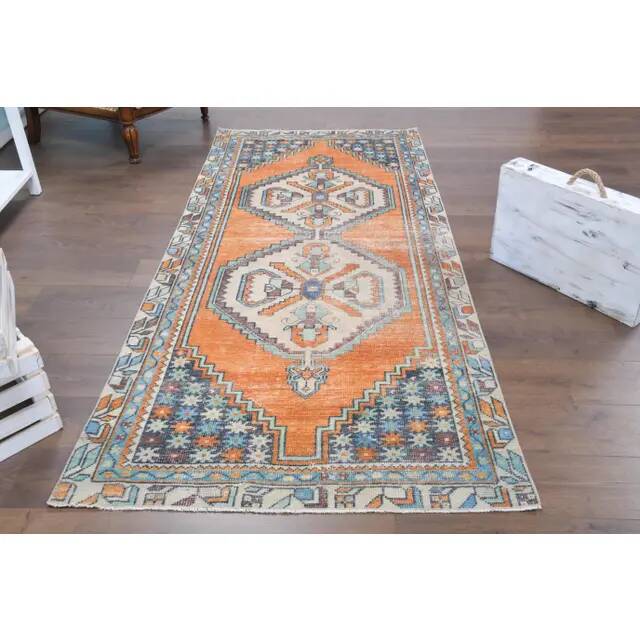 Vintage Turkish Oushak Handmade Wool Cotton Orange Runner Rug 116x250
