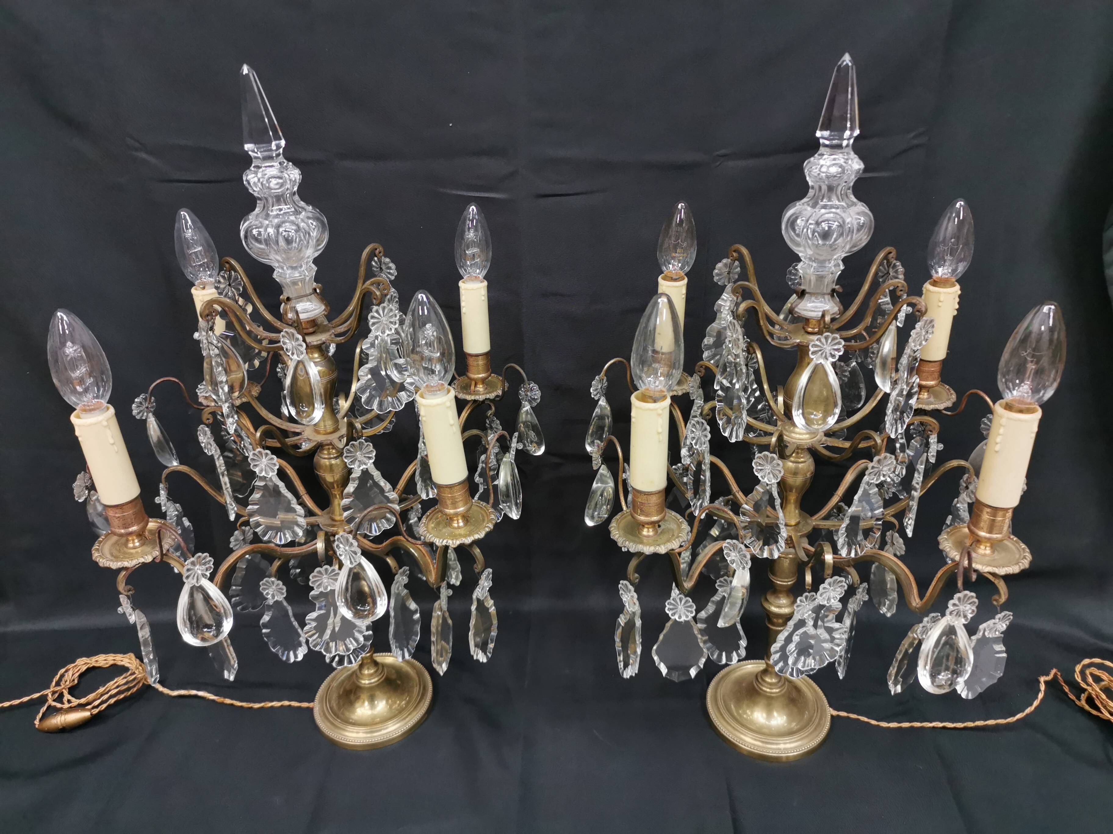 Pair of large electrified girandole candlesticks with crystal tassels