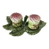 Set of Vintage Asparagus-themed Majolica Salt and Pepper Shakers with Plate