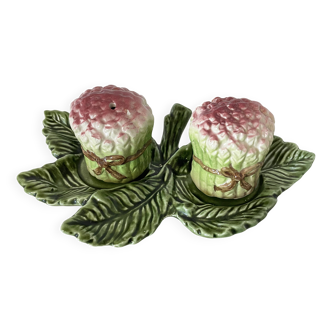 Set of Vintage Asparagus-themed Majolica Salt and Pepper Shakers with Plate