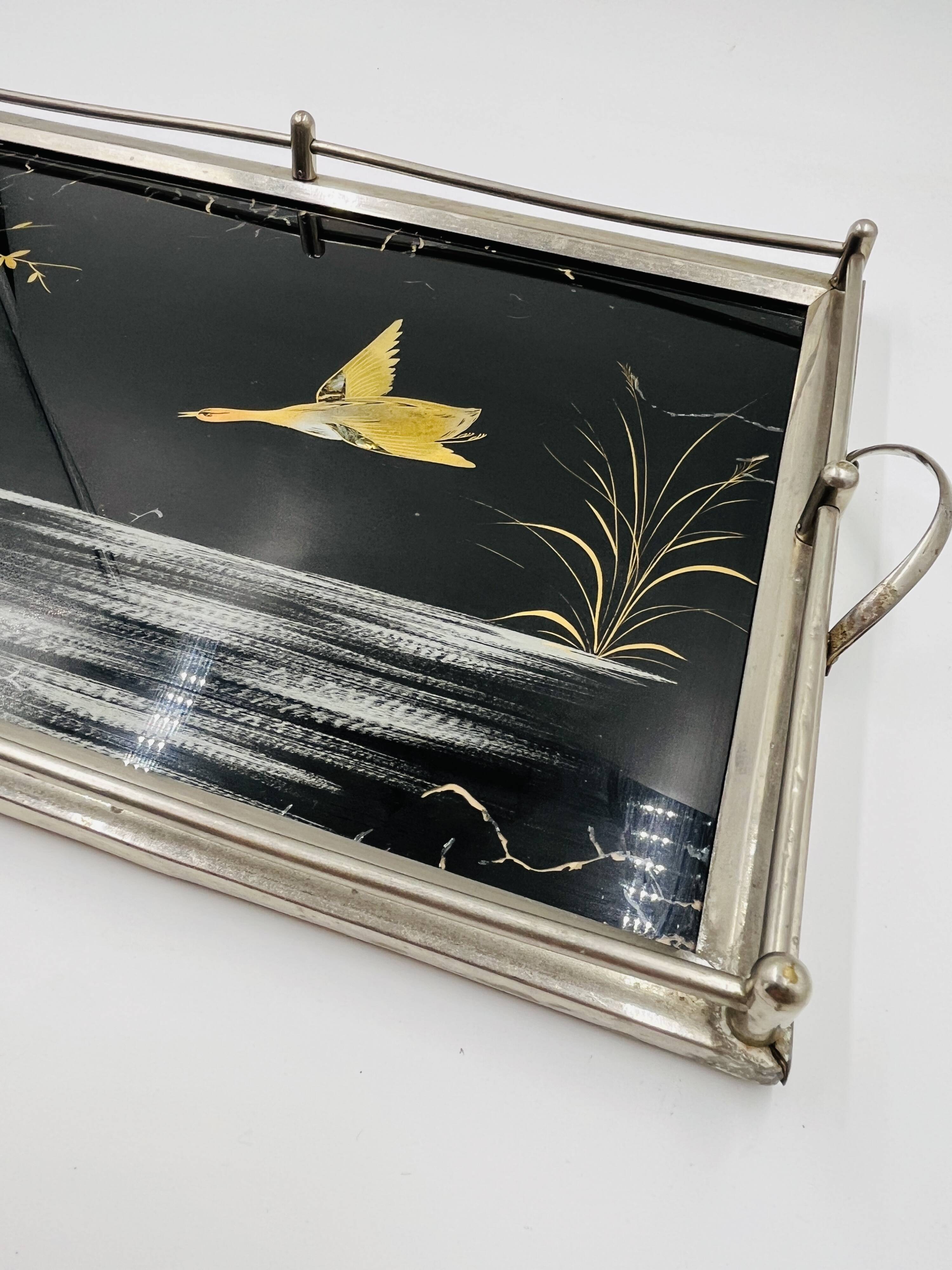 Plateau Art Déco en fixé sous verre et nacre