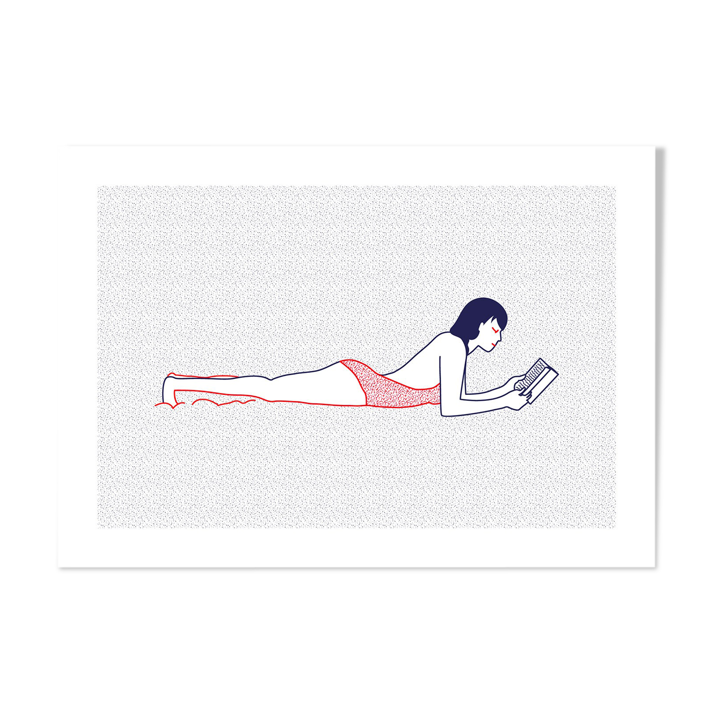 Naiade No. 4/8 - Illustration. A4 21 x 29.7. Le Croisic, sea, Brittany, reader, book, blue, red