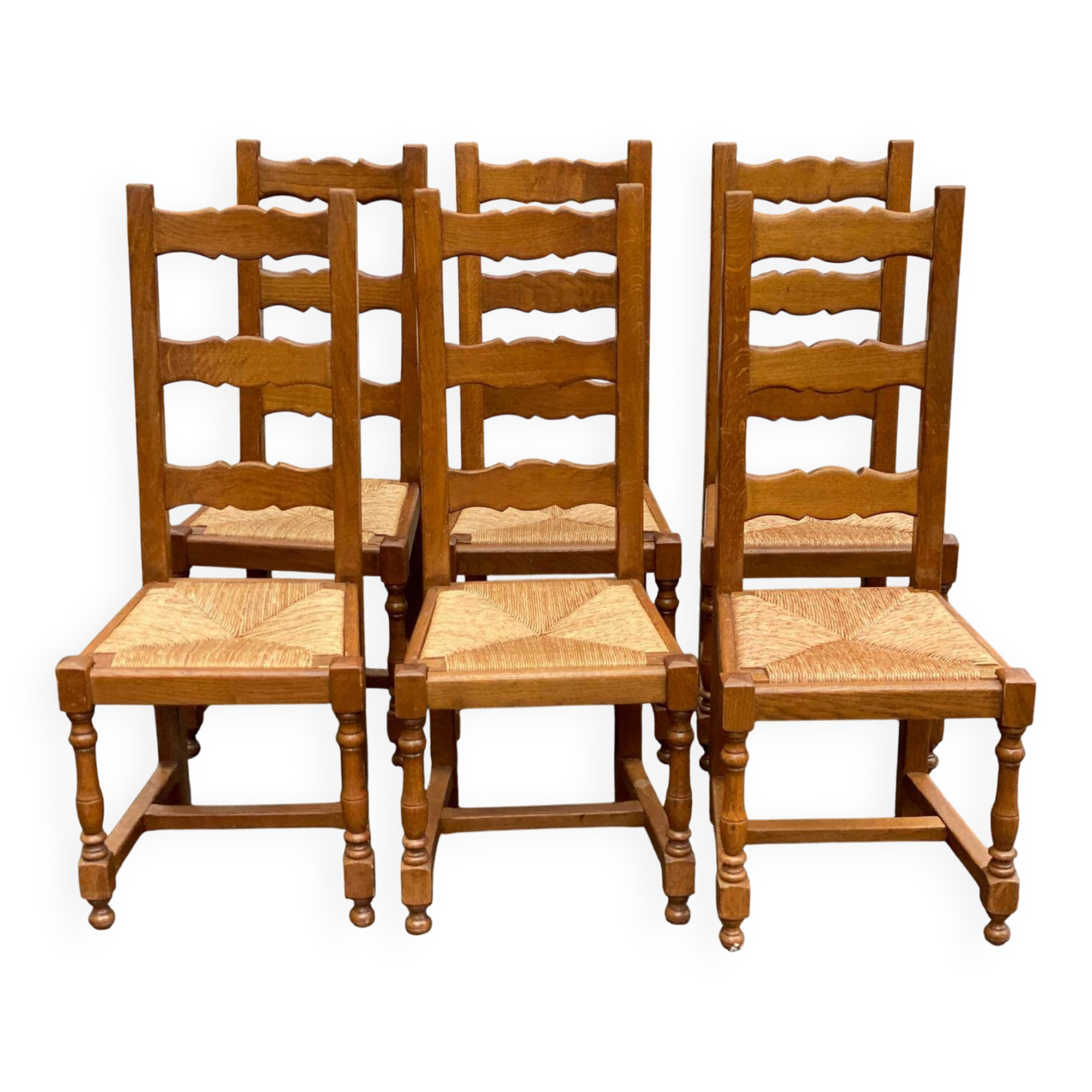 6 dining chairs made of solid medium oak with straw seats, 110cm