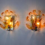 Pair of "leaf" wall lights by Murano Mazzega in orange frosted glass Italy 1970