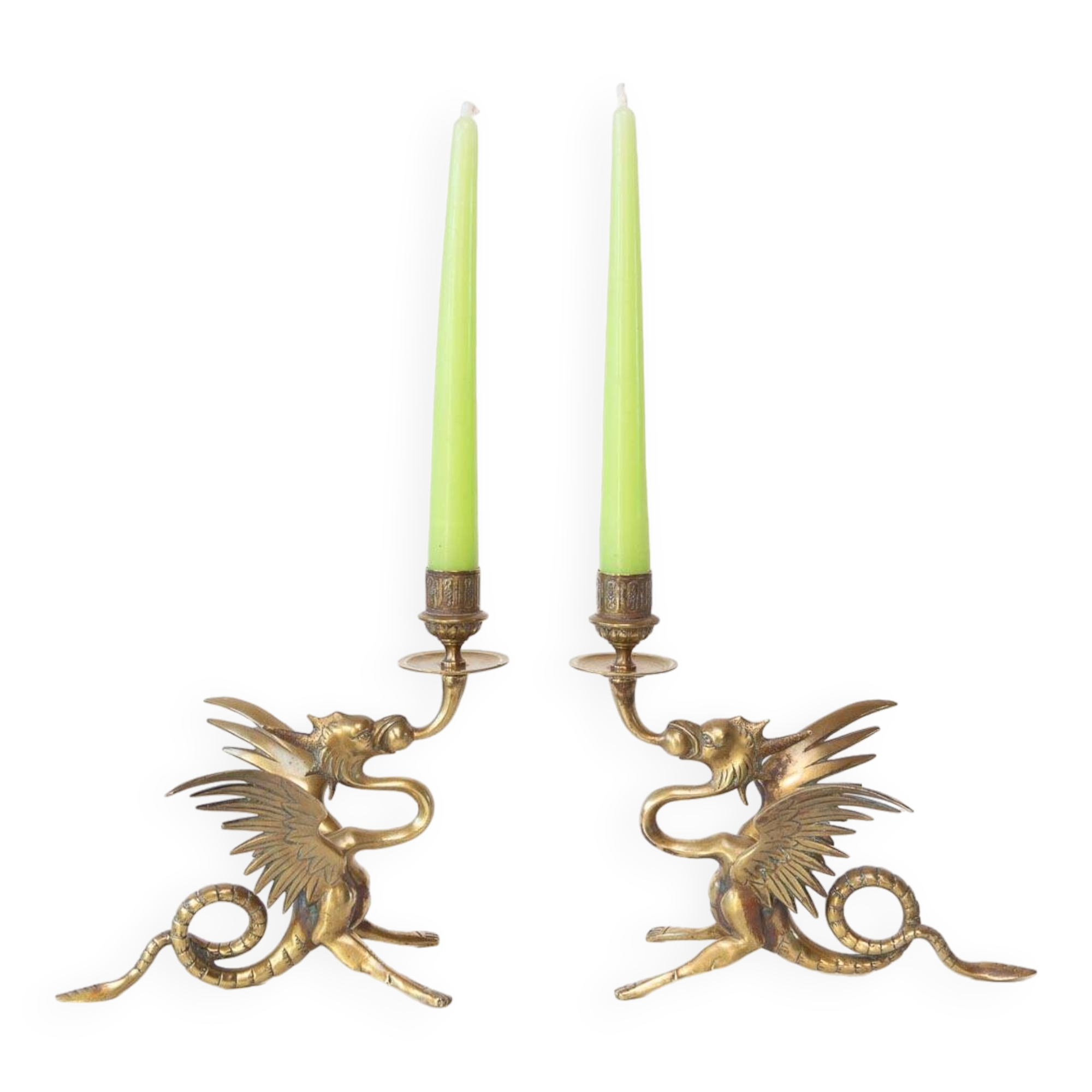 Pair of 19th century gilded brass “chimera” candlesticks