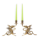 Pair of 19th century gilded brass “chimera” candlesticks